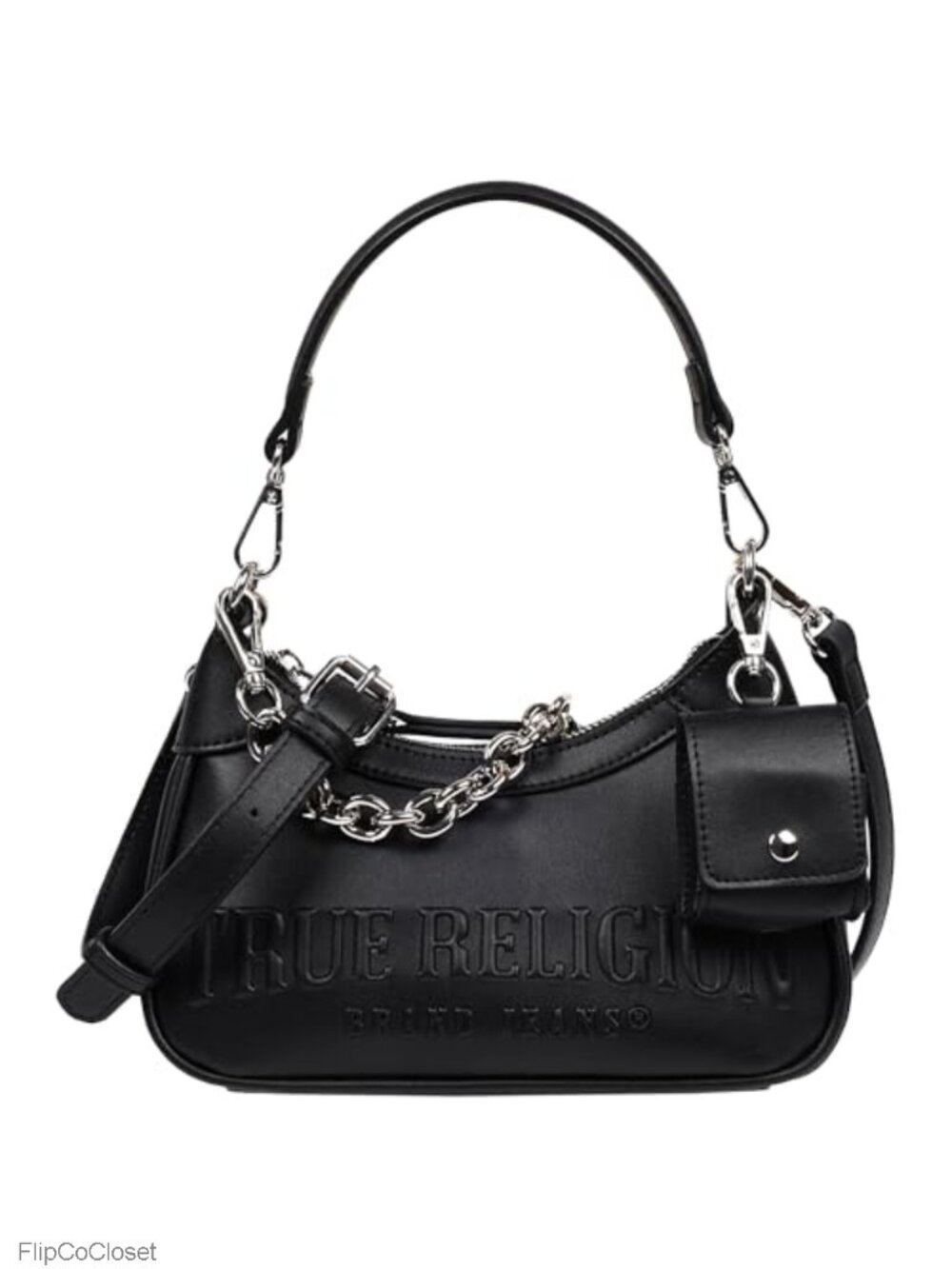 True Religion Hobo Bag with Chain Strap, Zip-Top Purse with Removable Pouch
